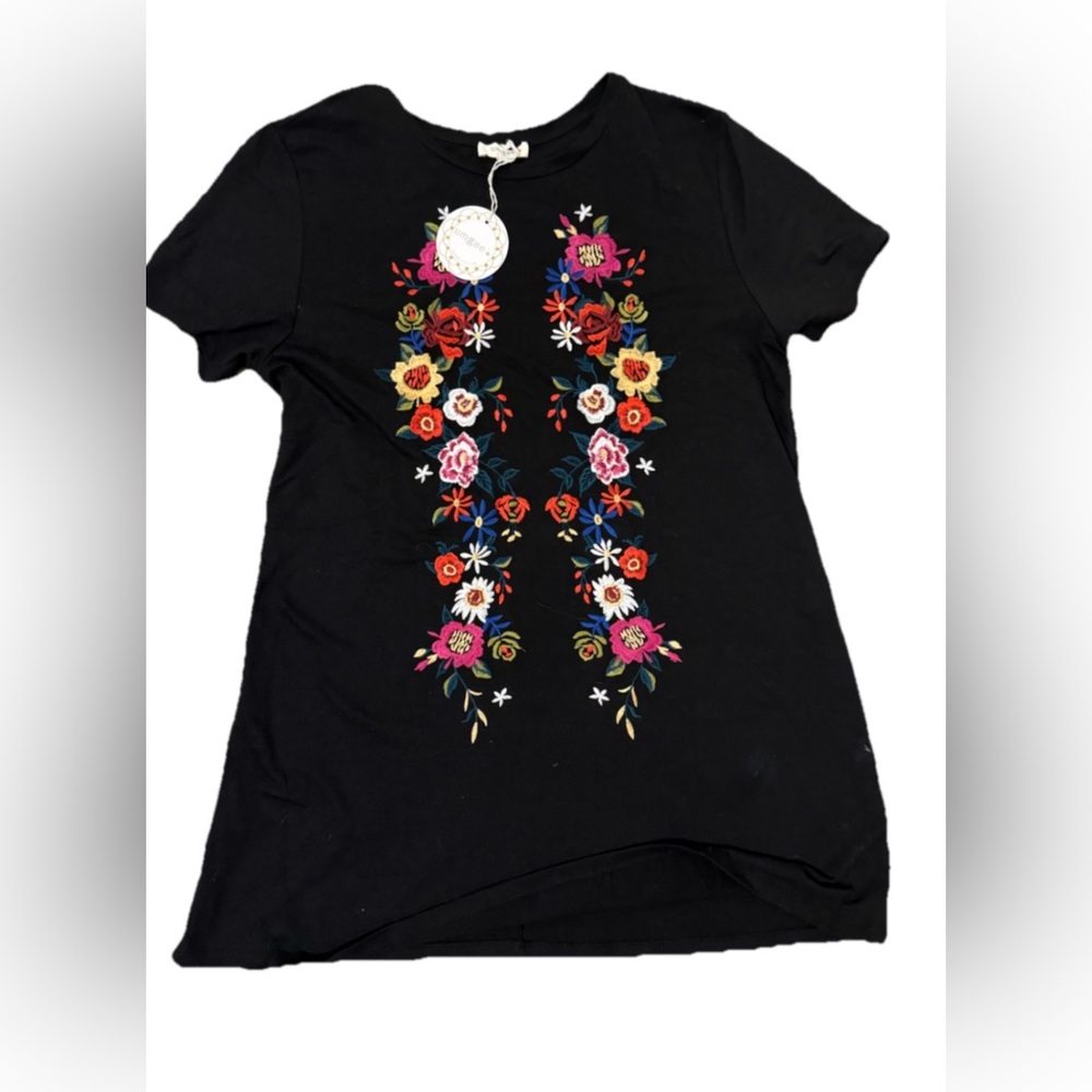 Umgee Black t shirt Dress with Colorful Floral Embroidery